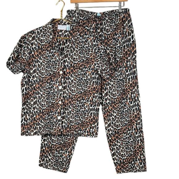 Allison Rhea 100% Cotton Pajama Set Leopard Print Button Top Pants | Medium - Picture 1 of 13